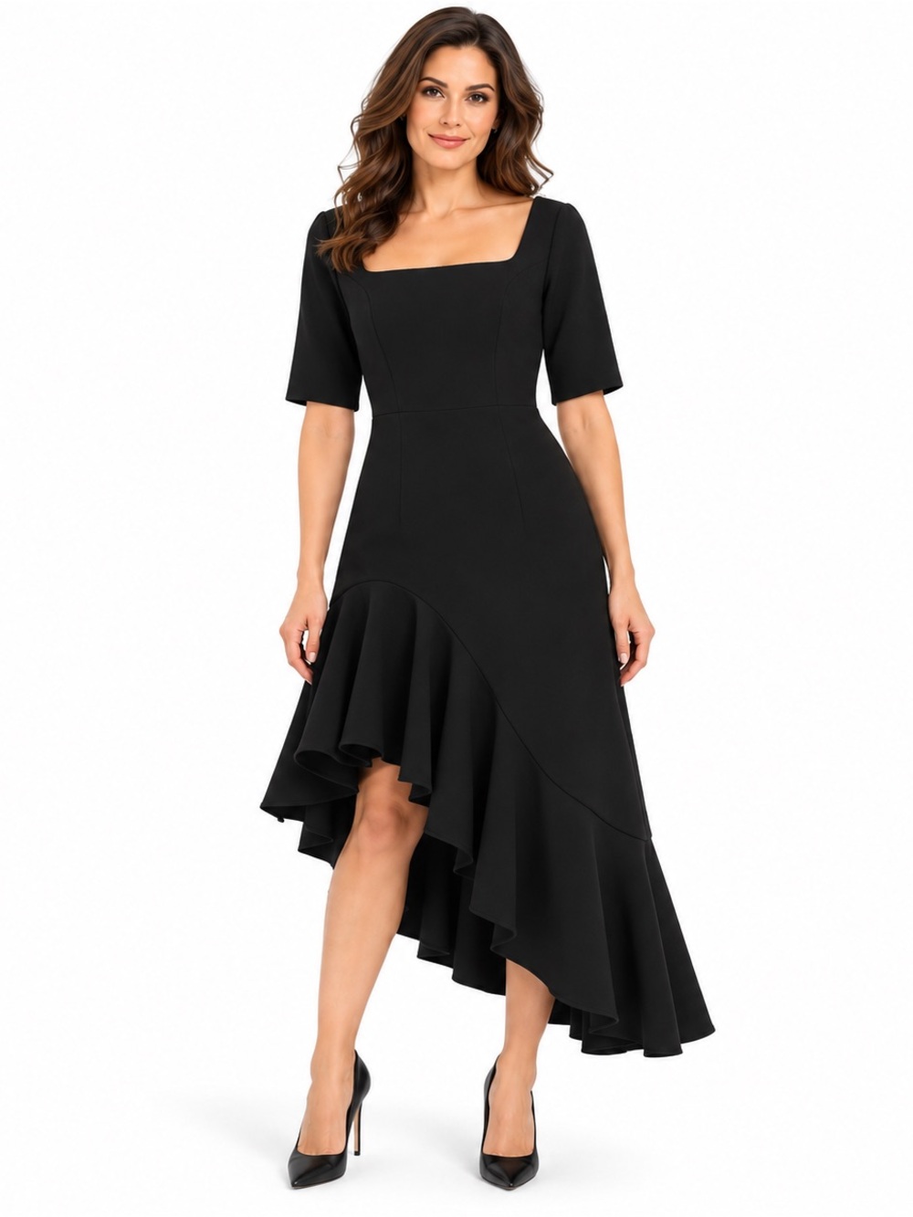 Mac Duggal 21019 Black Asymmetrical Ruffle High Low Dress NWT Size 6